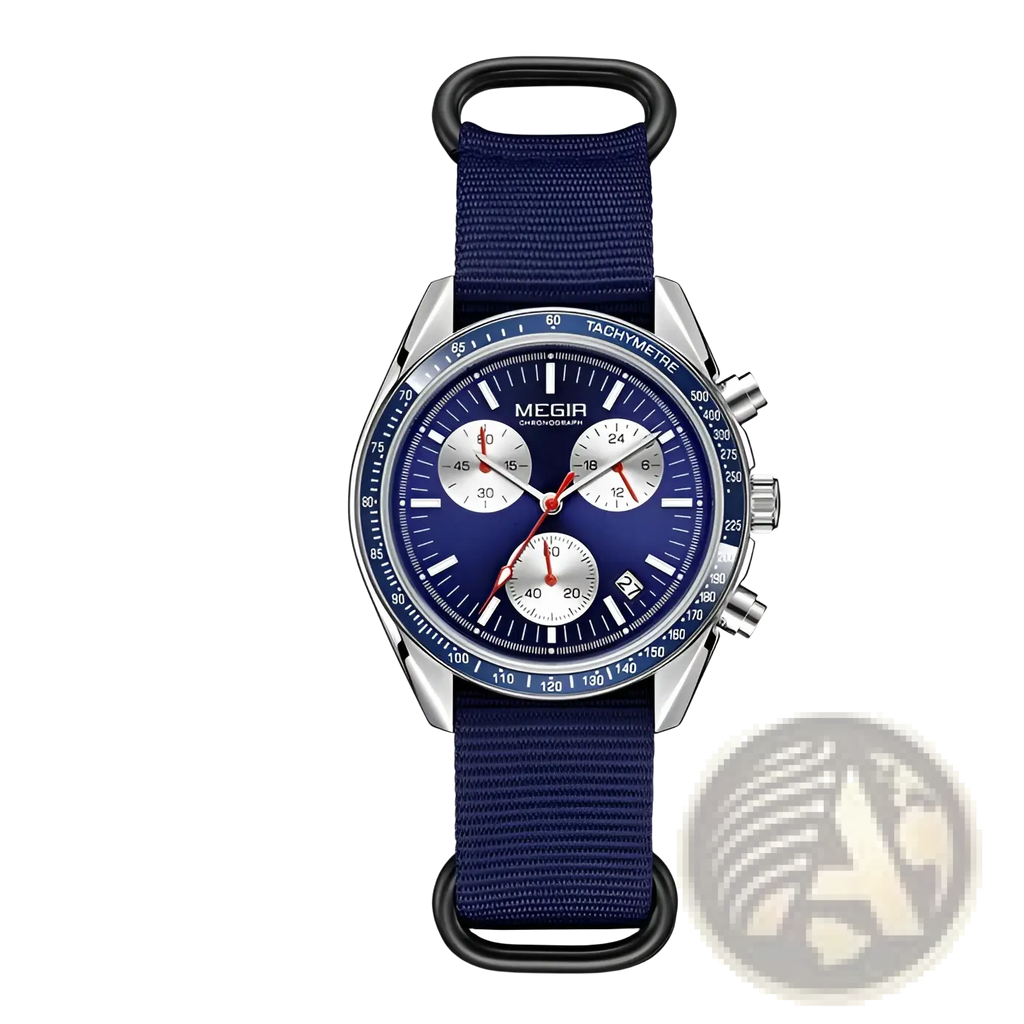Megir chronograph quartz watch with deep blue dial silver case red subdial hands and navy fabric canvas strap