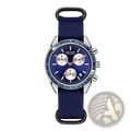 Megir chronograph quartz watch with deep blue dial silver case red subdial hands and navy fabric canvas strap