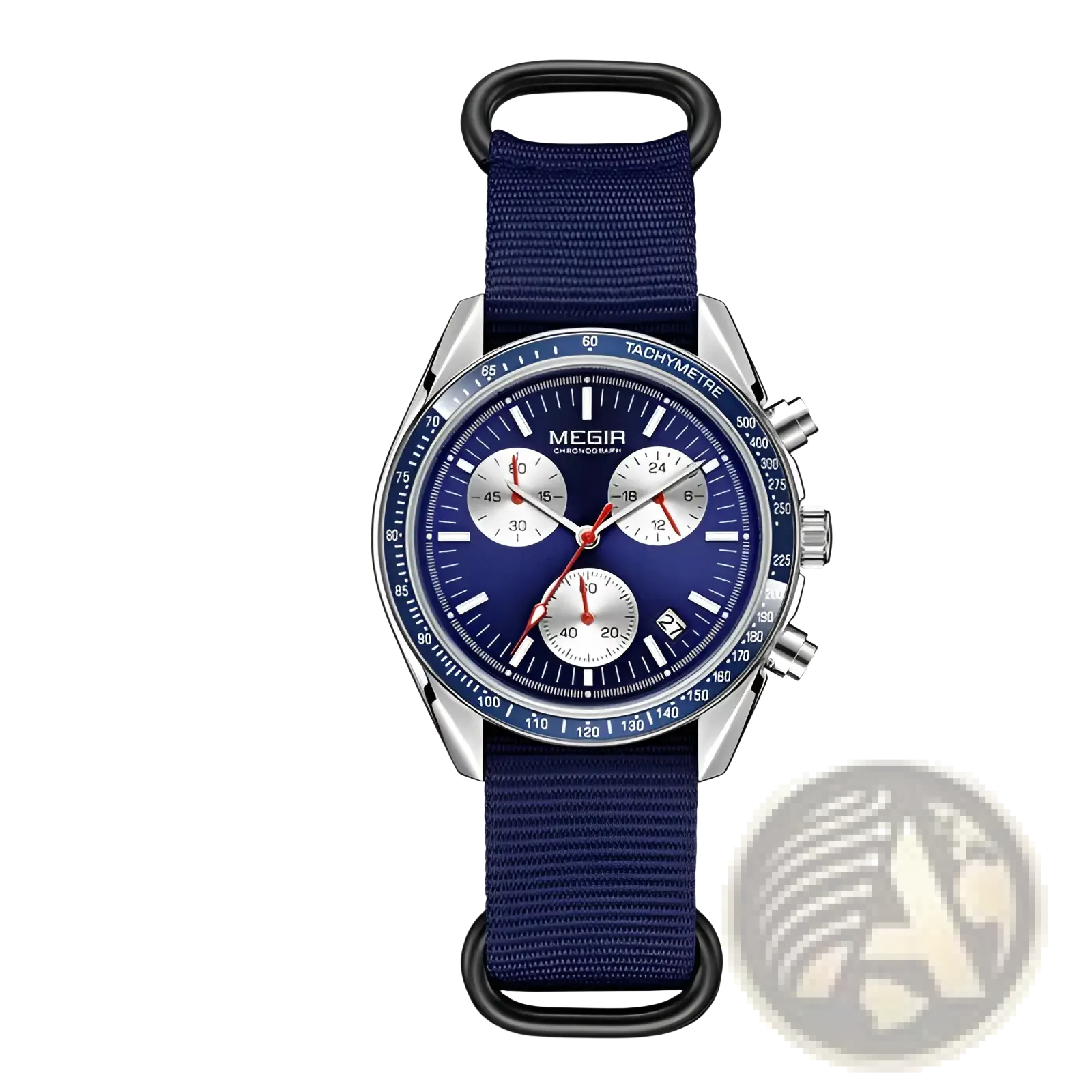 Megir chronograph quartz watch with deep blue dial silver case red subdial hands and navy fabric canvas strap
