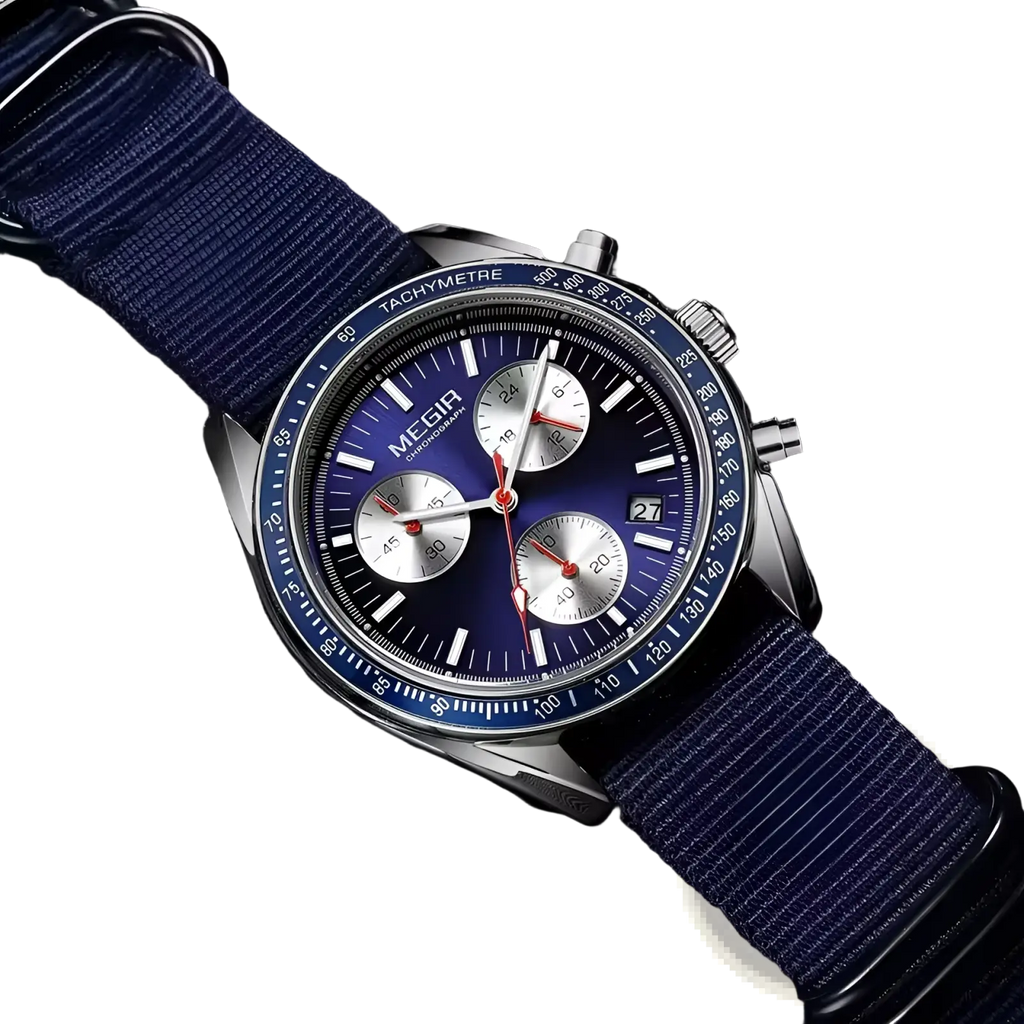 Megir chronograph quartz watch with blue dial, silver case, and navy canvas fabric strap for casual wear
