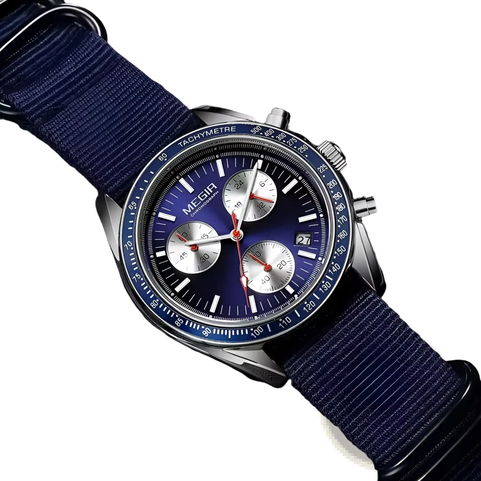 Megir chronograph quartz watch with blue dial, silver case, and navy canvas fabric strap for casual wear