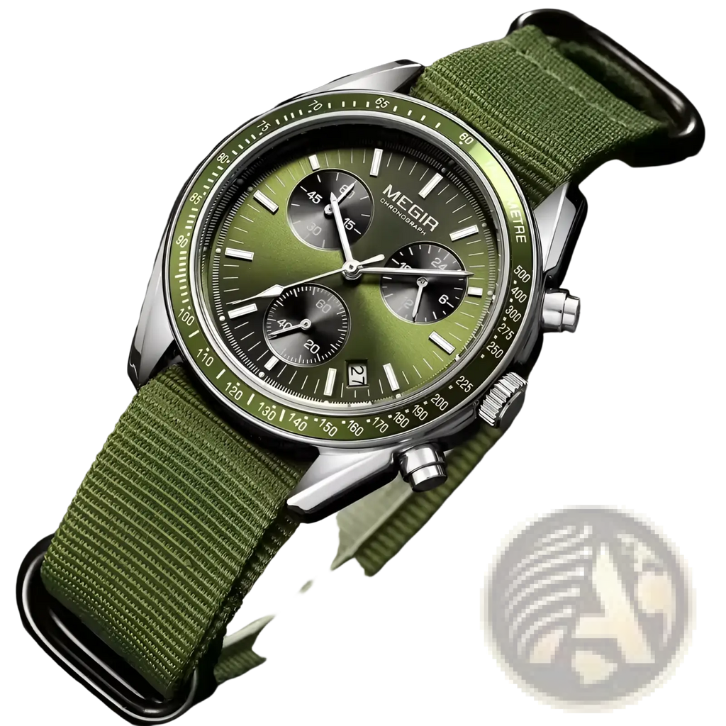 Megir chronograph quartz watch with olive green canvas strap, silver case, three subdials, and date window