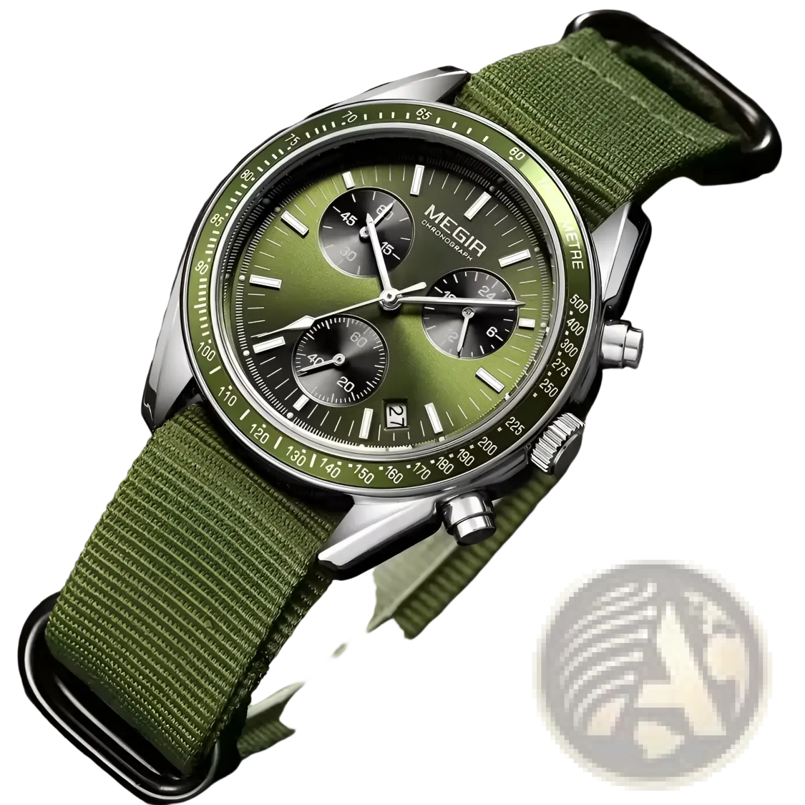 Megir chronograph quartz watch with olive green canvas strap, silver case, three subdials, and date window