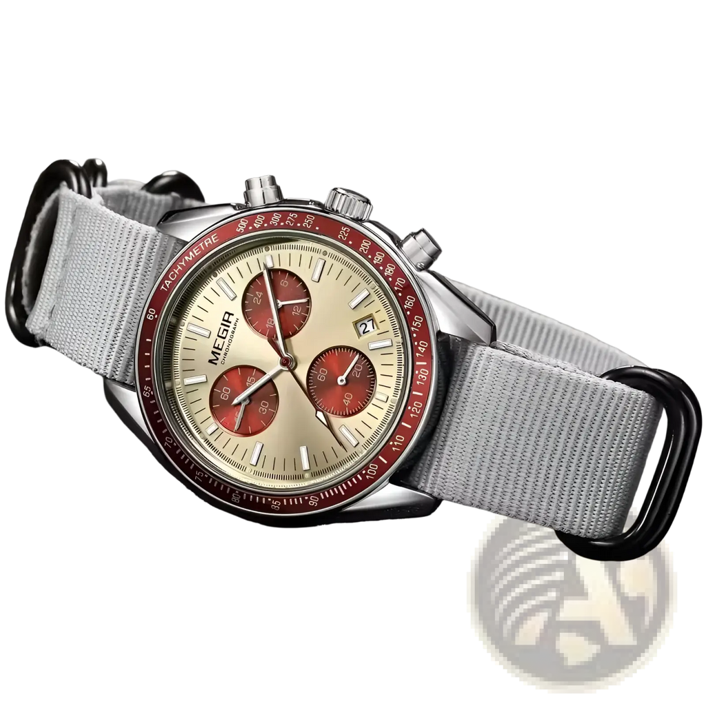 Megir chronograph quartz watch with silver case, cream dial, red subdials and bezel, and gray nylon canvas strap