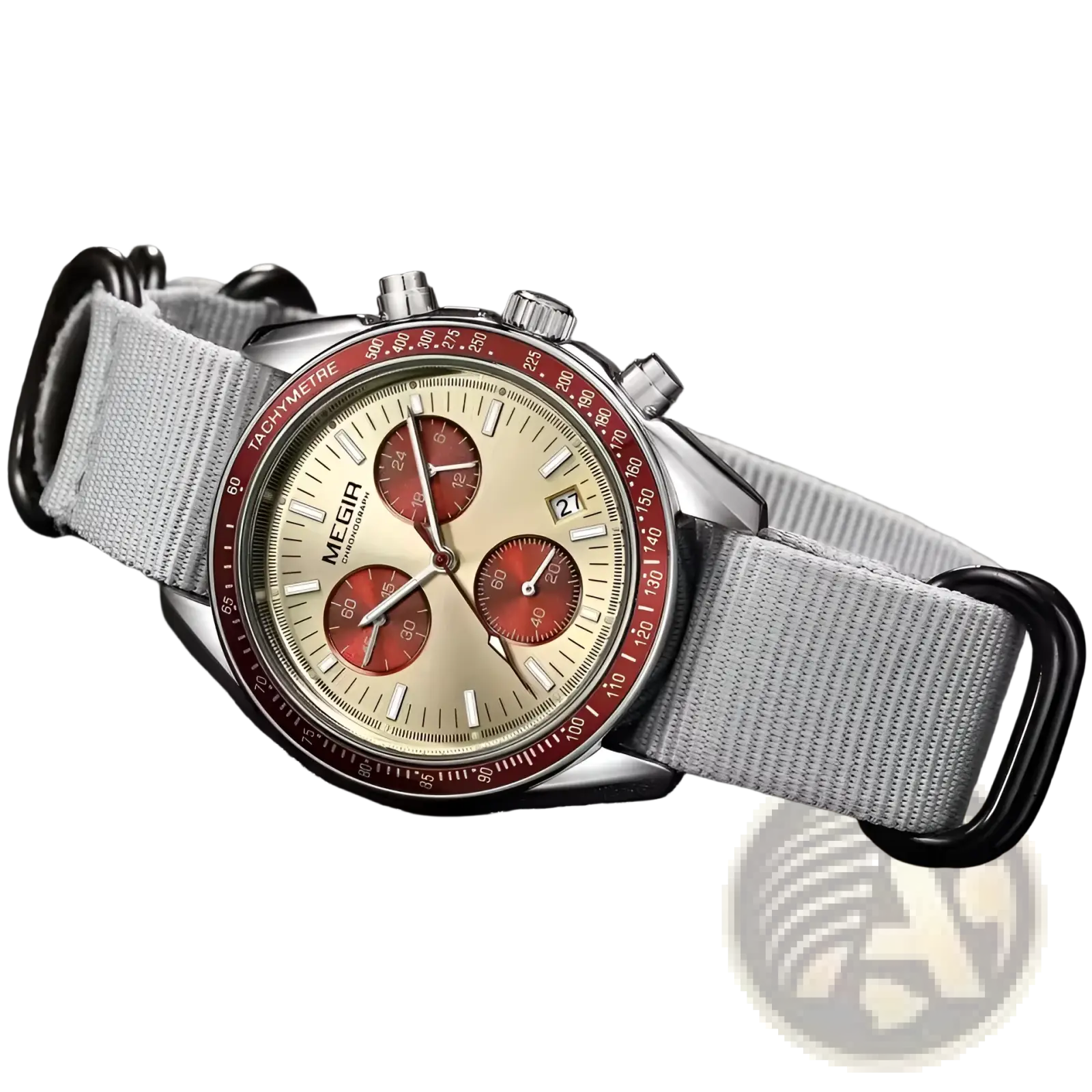Megir chronograph quartz watch with silver case, cream dial, red subdials and bezel, and gray nylon canvas strap