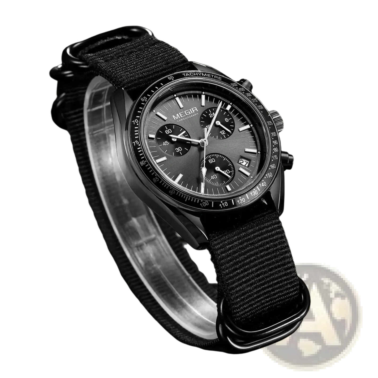Megir men canvas chronograph watch with black tactical dial, silver-tone case, three subdials, and black nylon strap