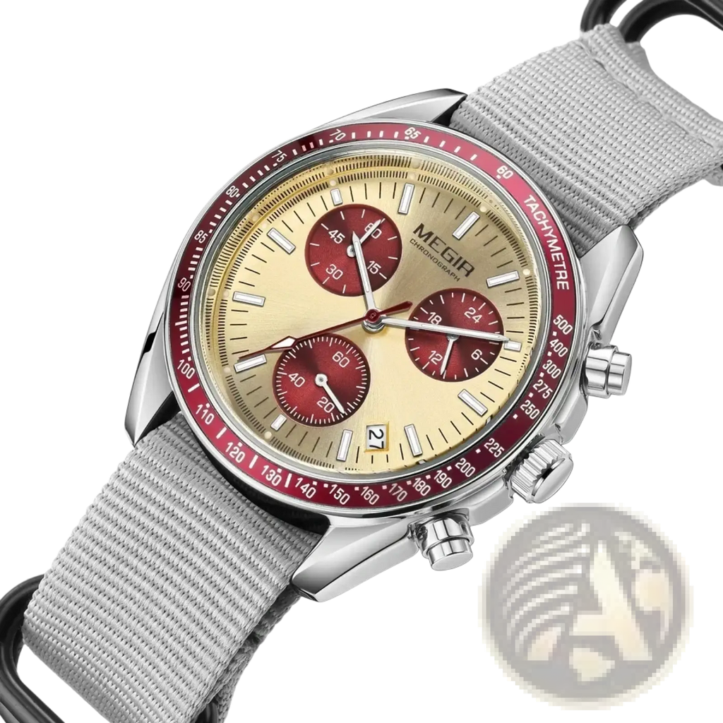 Megir men canvas chronograph watch with silver tone, beige dial, red subdials, and gray woven nylon strap