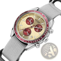 Megir men canvas chronograph watch with silver tone, beige dial, red subdials, and gray woven nylon strap