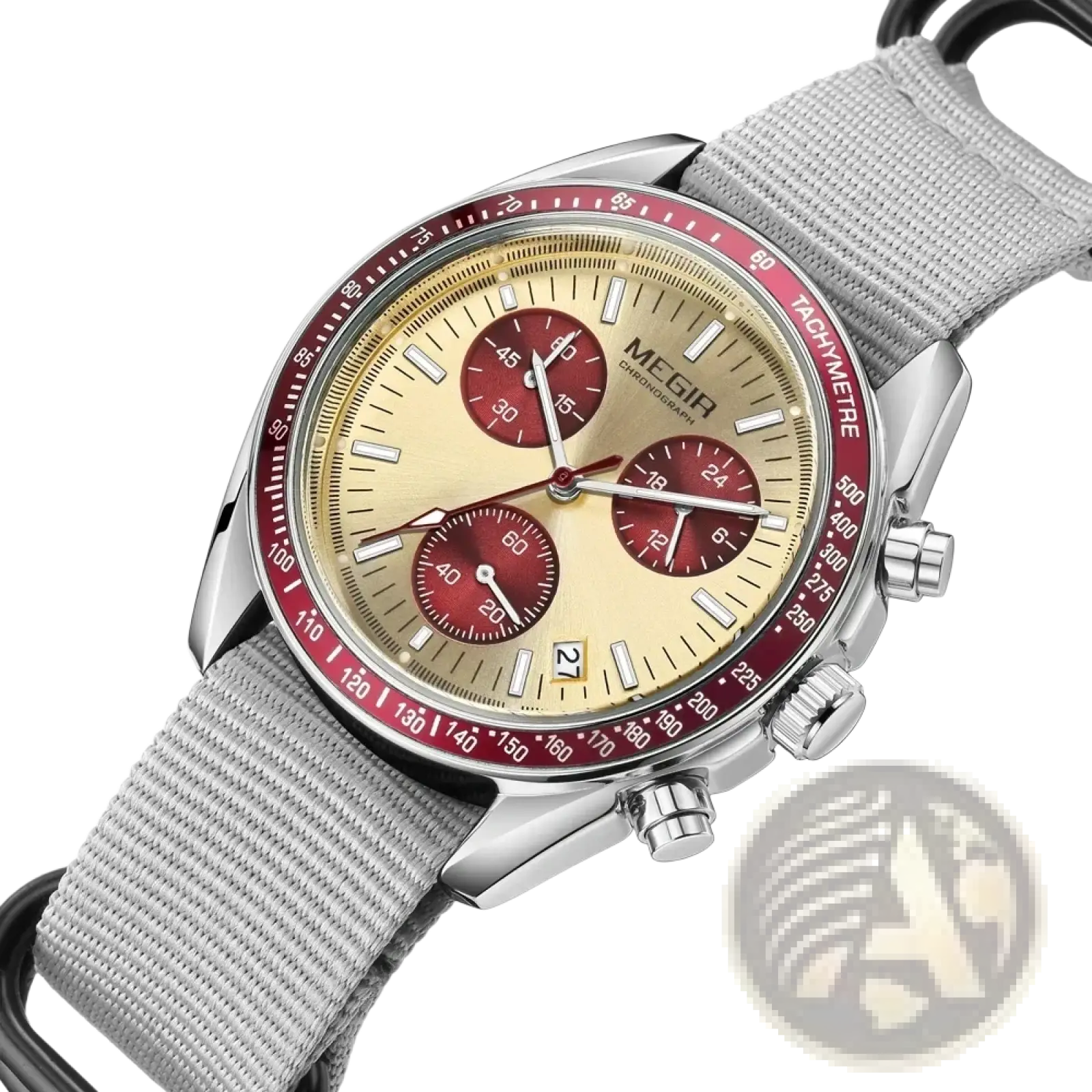 Megir men canvas chronograph watch with silver tone, beige dial, red subdials, and gray woven nylon strap