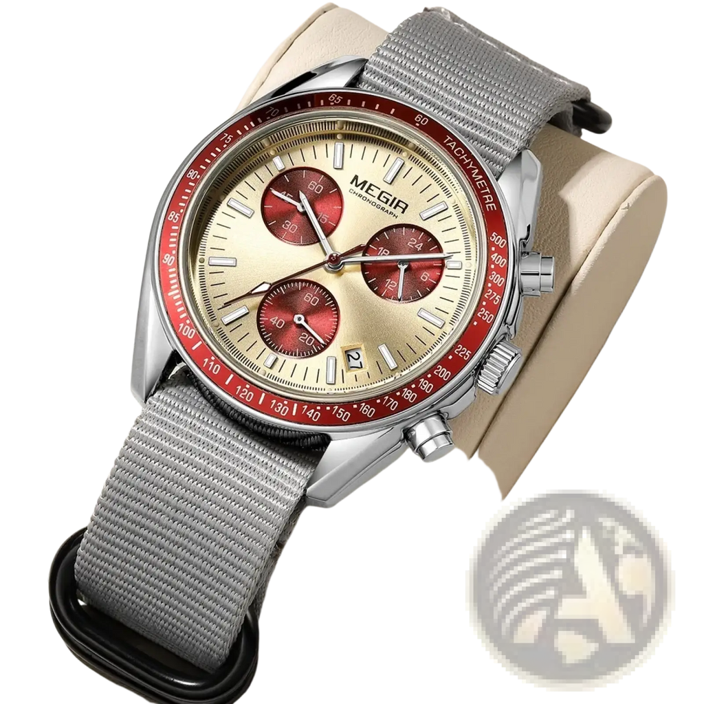 Megir men canvas chronograph watch with silver-tone case red bezel cream dial and gray nylon strap
