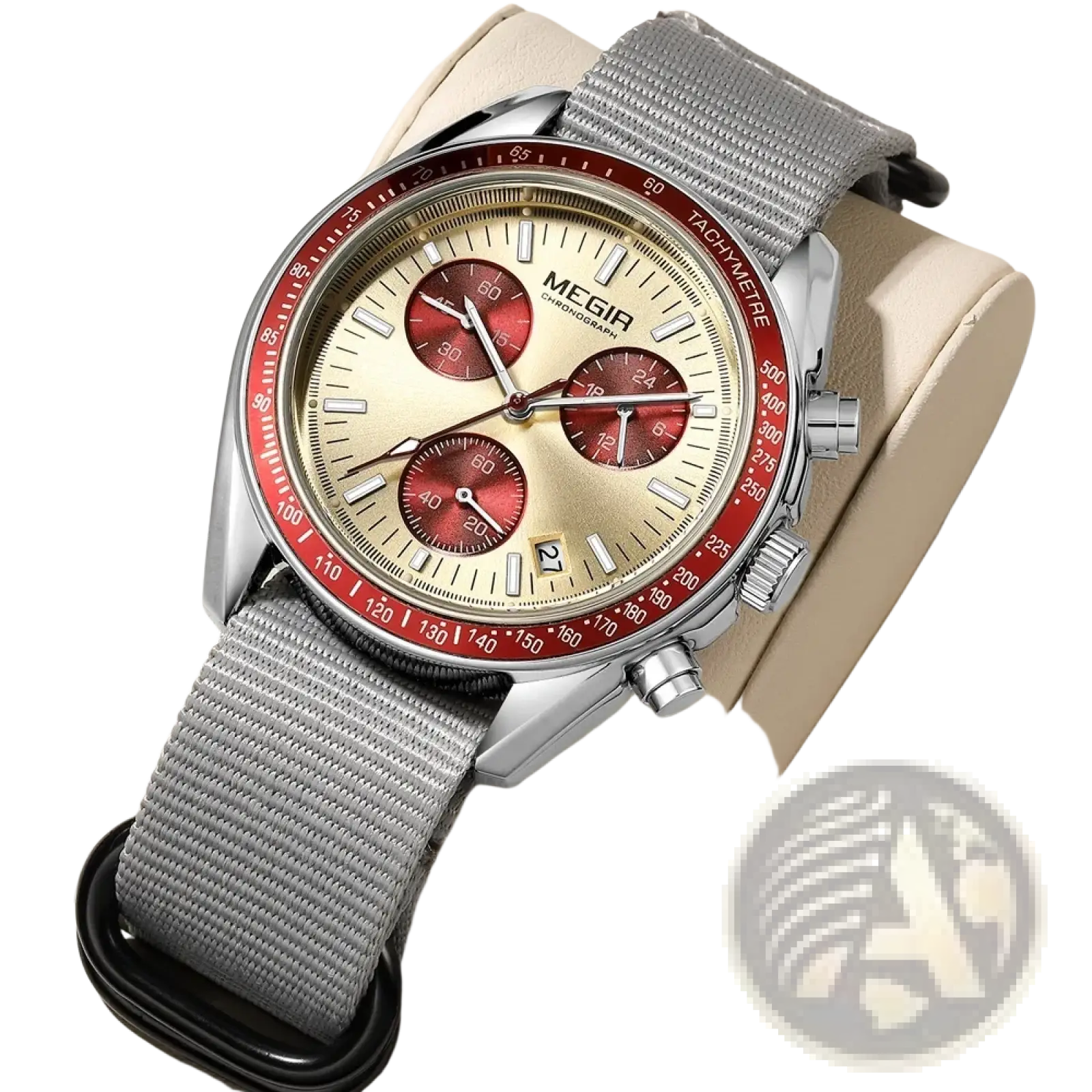 Megir men canvas chronograph watch with silver-tone case red bezel cream dial and gray nylon strap