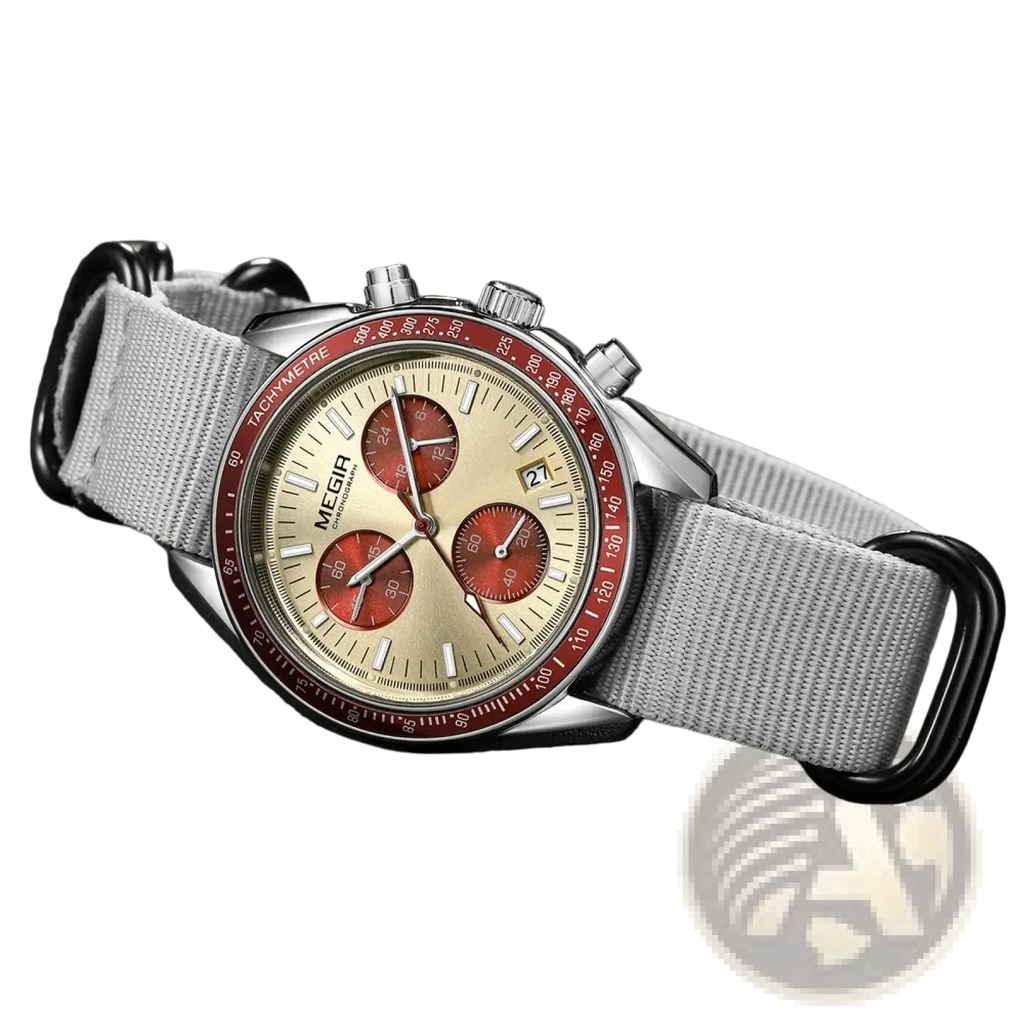 Megir men canvas chronograph watch with a silver-toned case, beige dial, red subdials, and gray nylon strap