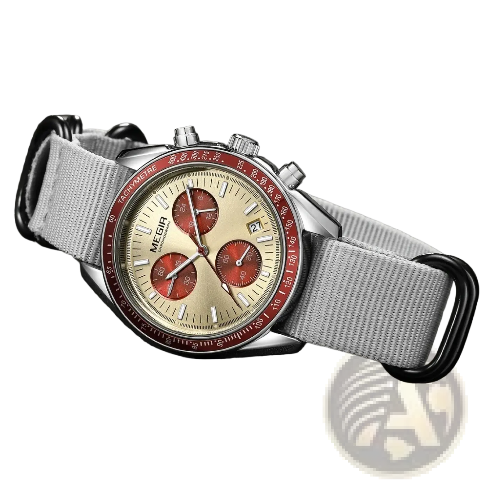 Megir men canvas chronograph watch with a silver-toned case, beige dial, red subdials, and gray nylon strap