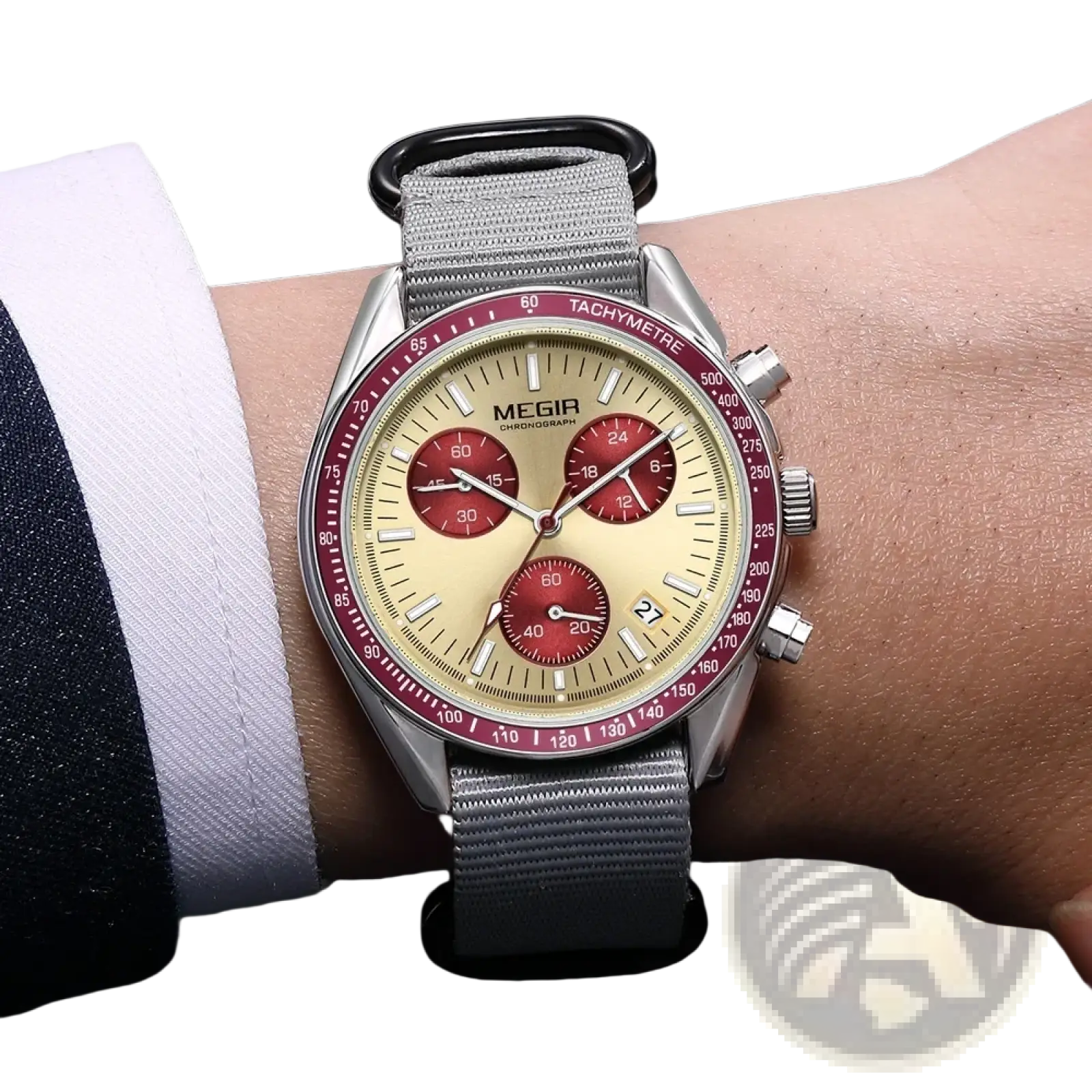 Megir men canvas chronograph watch with silver tone case, champagne dial, red subdials, and gray nylon strap