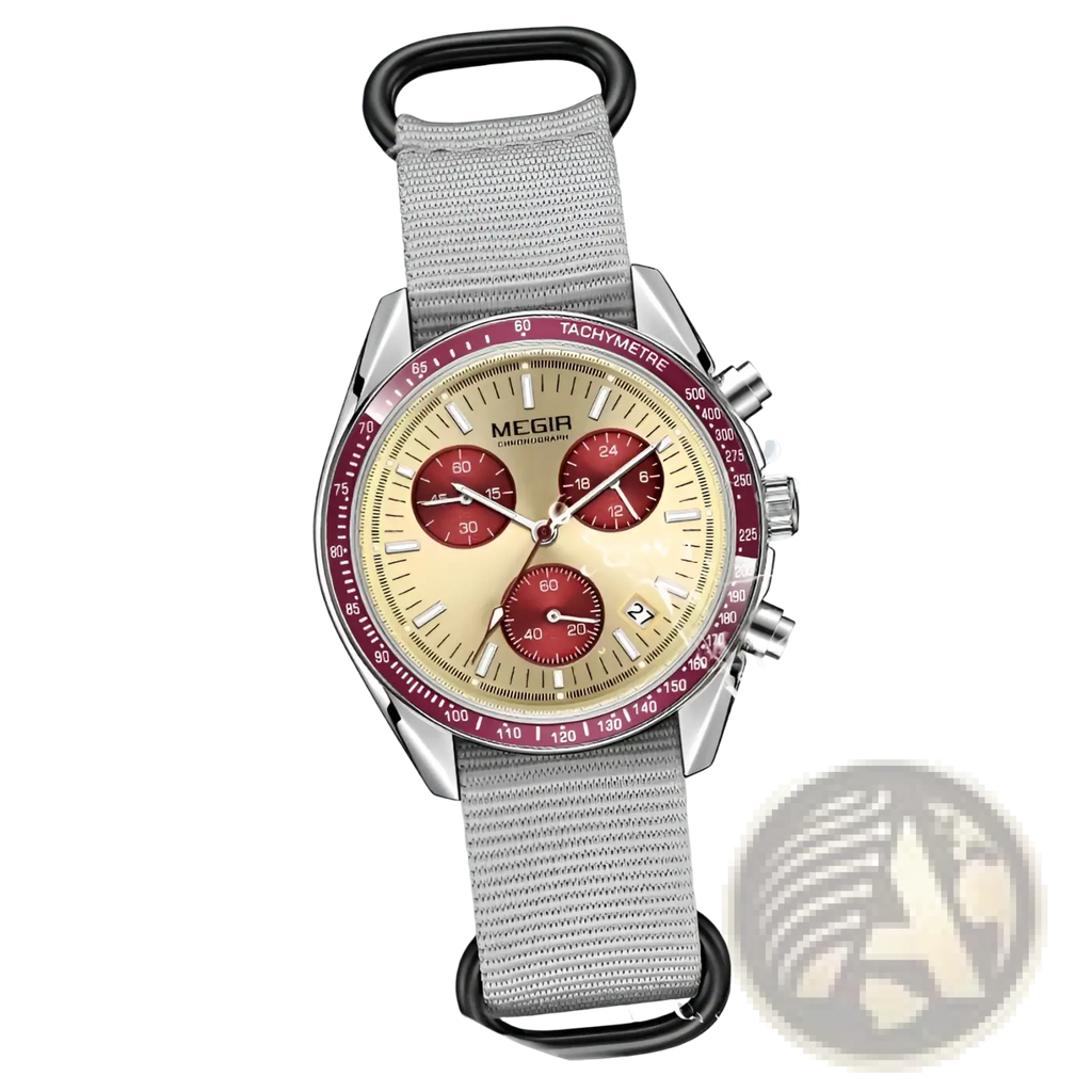 Megir men canvas chronograph watch with a silver case, beige dial, red subdials, and gray nylon strap
