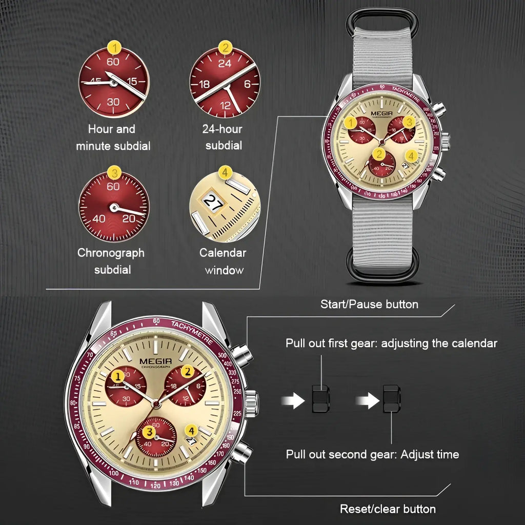 Megir men canvas chronograph watch with a silver case, cream dial, red accents, and gray fabric strap
