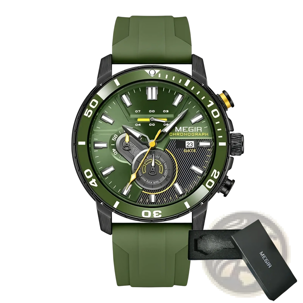 Megir men chronograph quartz sport watch with olive green rubber strap, black case, and yellow accents