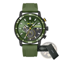 Megir men chronograph quartz sport watch with olive green rubber strap, black case, and yellow accents