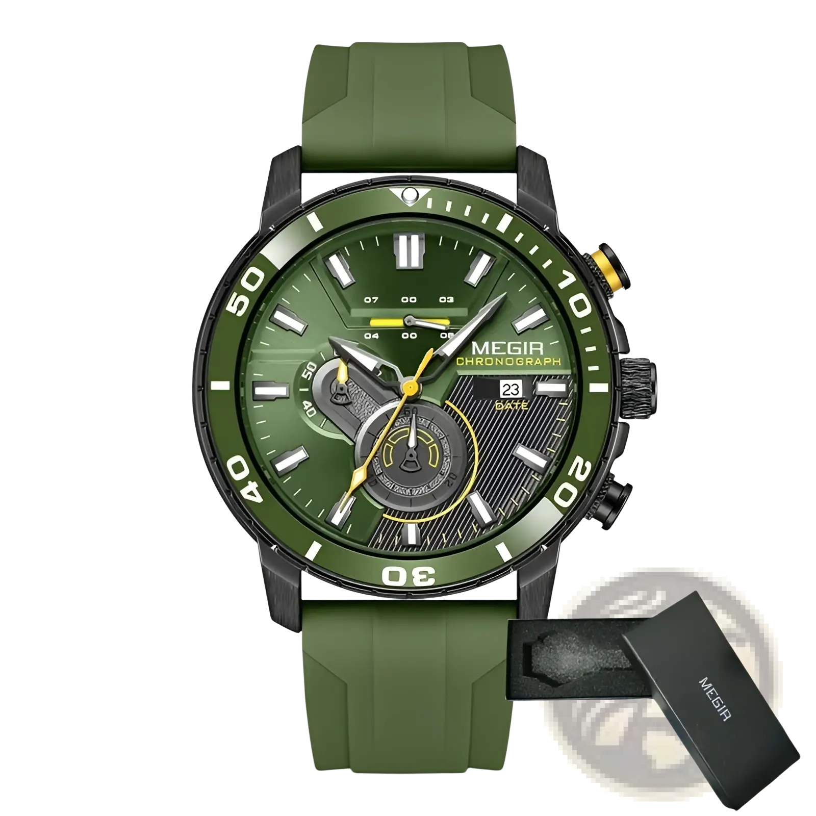 Megir men chronograph quartz sport watch with olive green rubber strap, black case, and yellow accents