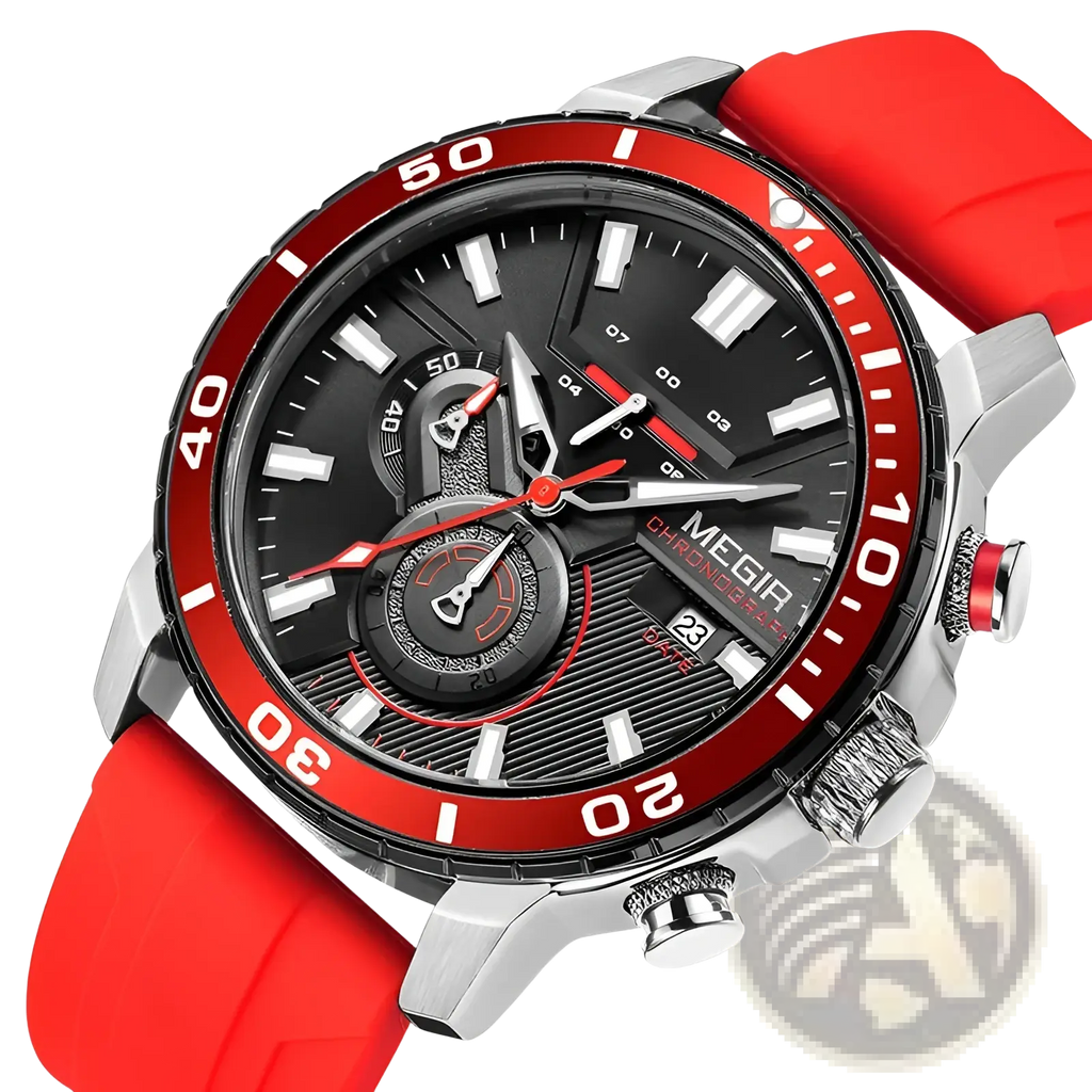 Megir men chronograph quartz sport watch with bold red and black dial silver stainless steel case and red silicone strap