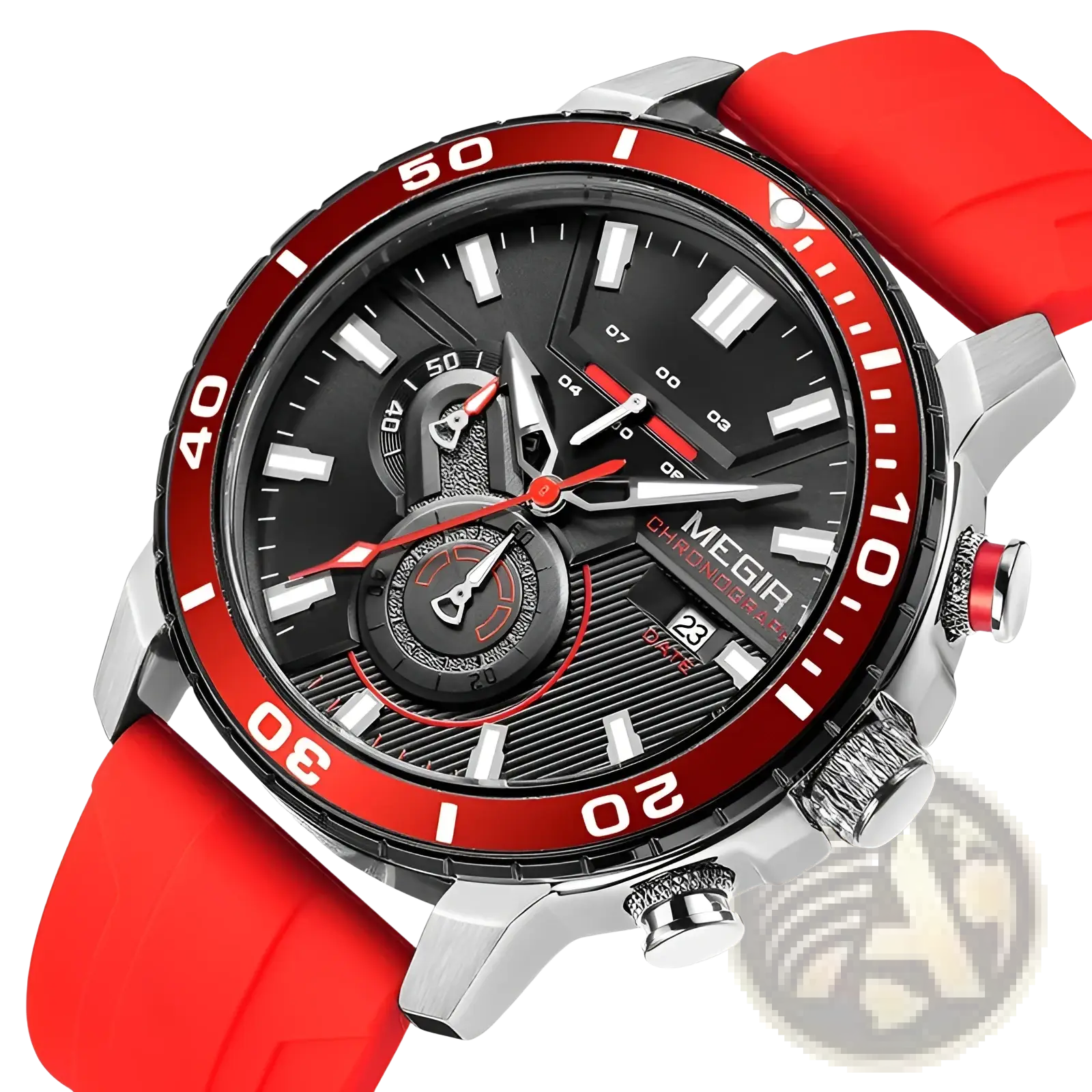 Megir men chronograph quartz sport watch with bold red and black dial silver stainless steel case and red silicone strap