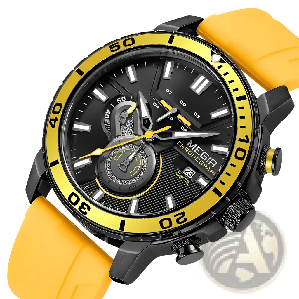 Megir men chronograph quartz sport watch with bold black and yellow design and textured rubber strap