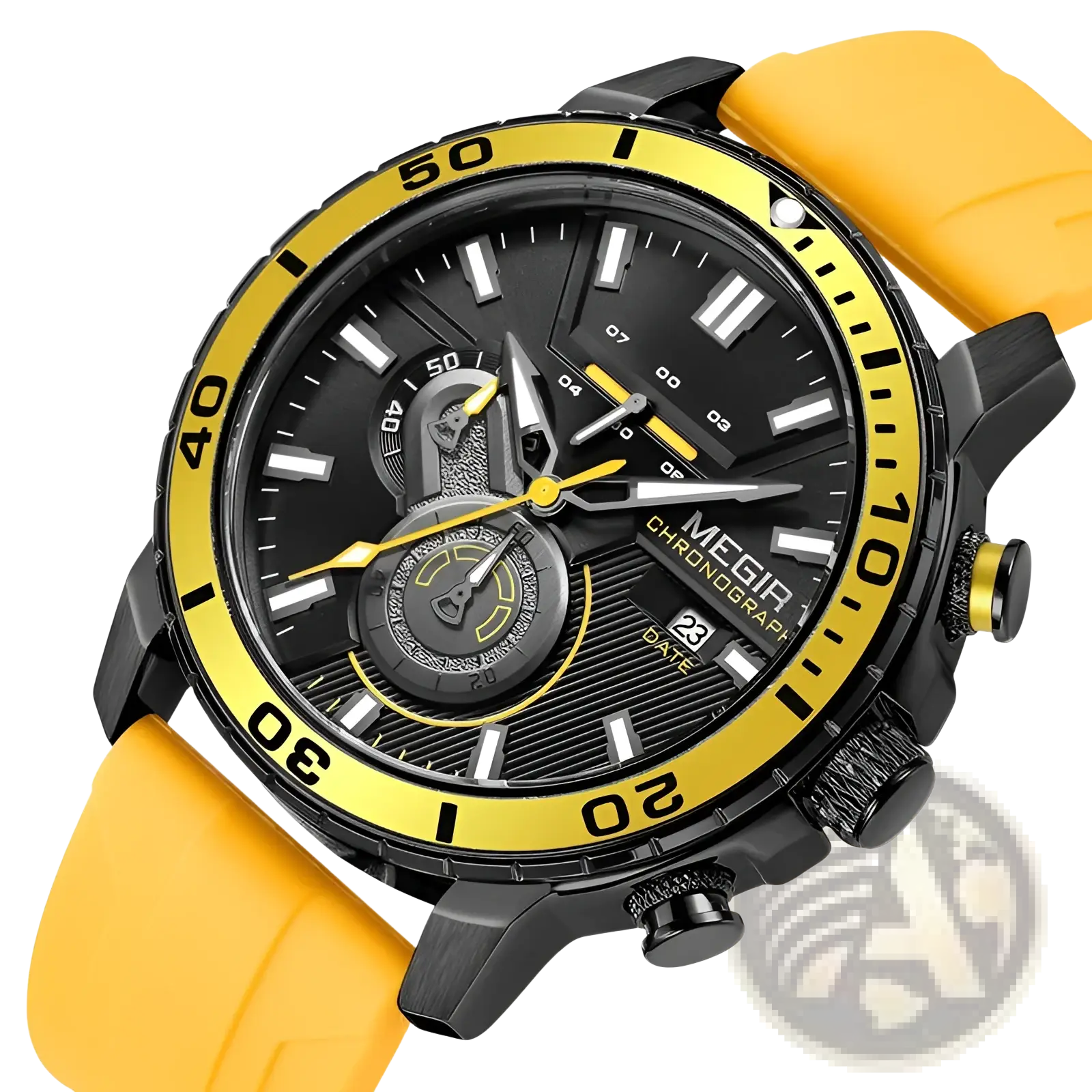Megir men chronograph quartz sport watch with bold black and yellow design and textured rubber strap