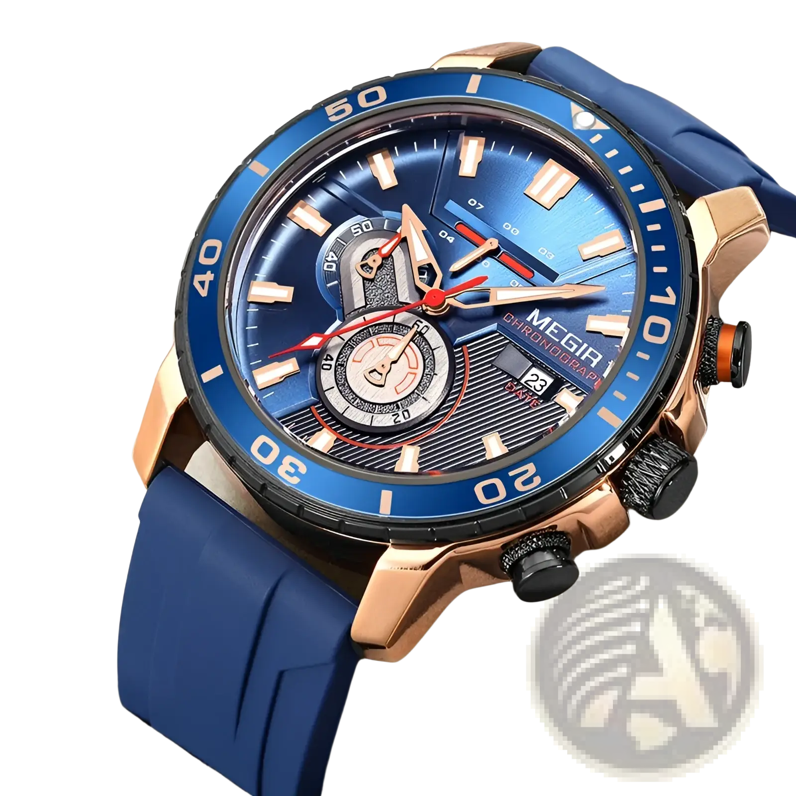 A megir men chronograph quartz sport watch with a blue dial, rose gold-tone case, and navy rubber strap