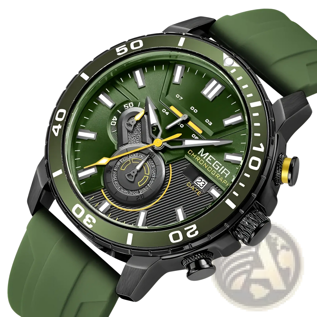 Megir men chronograph quartz sport watch with olive green rubber strap black case dial and yellow accents on hands bezel
