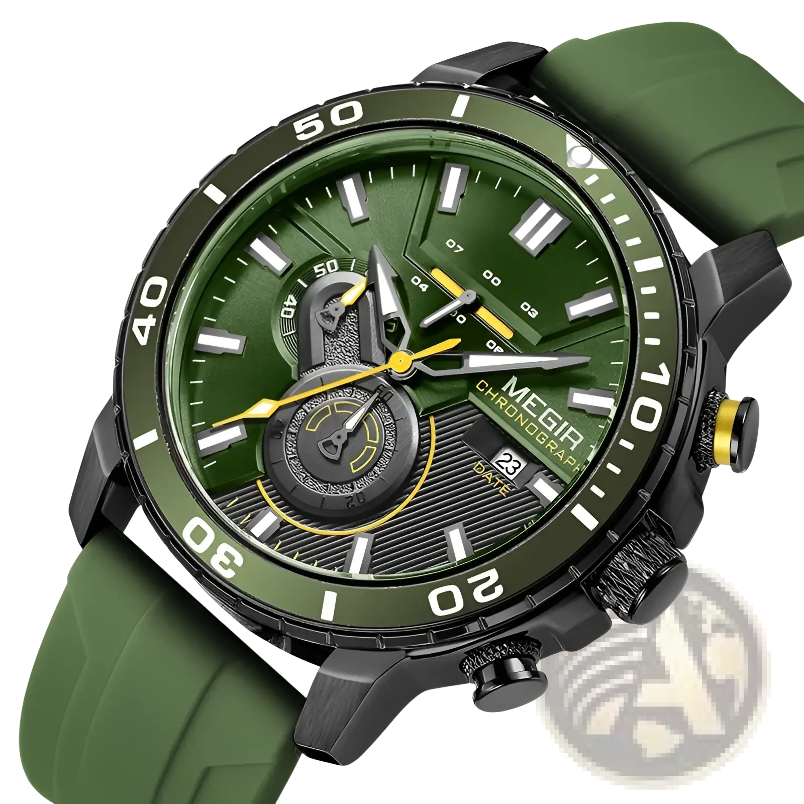 Megir men chronograph quartz sport watch with olive green rubber strap black case dial and yellow accents on hands bezel