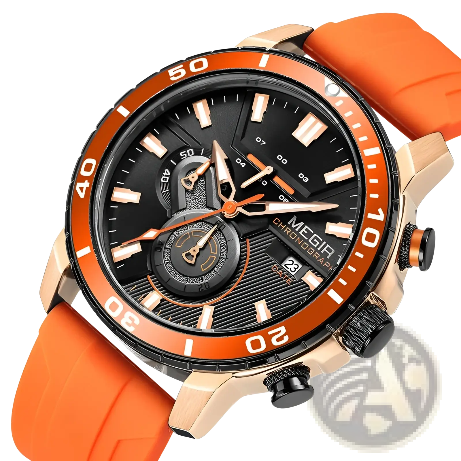Orange silicone strap megir men chronograph quartz sport watch with rose gold-tone case and black dial