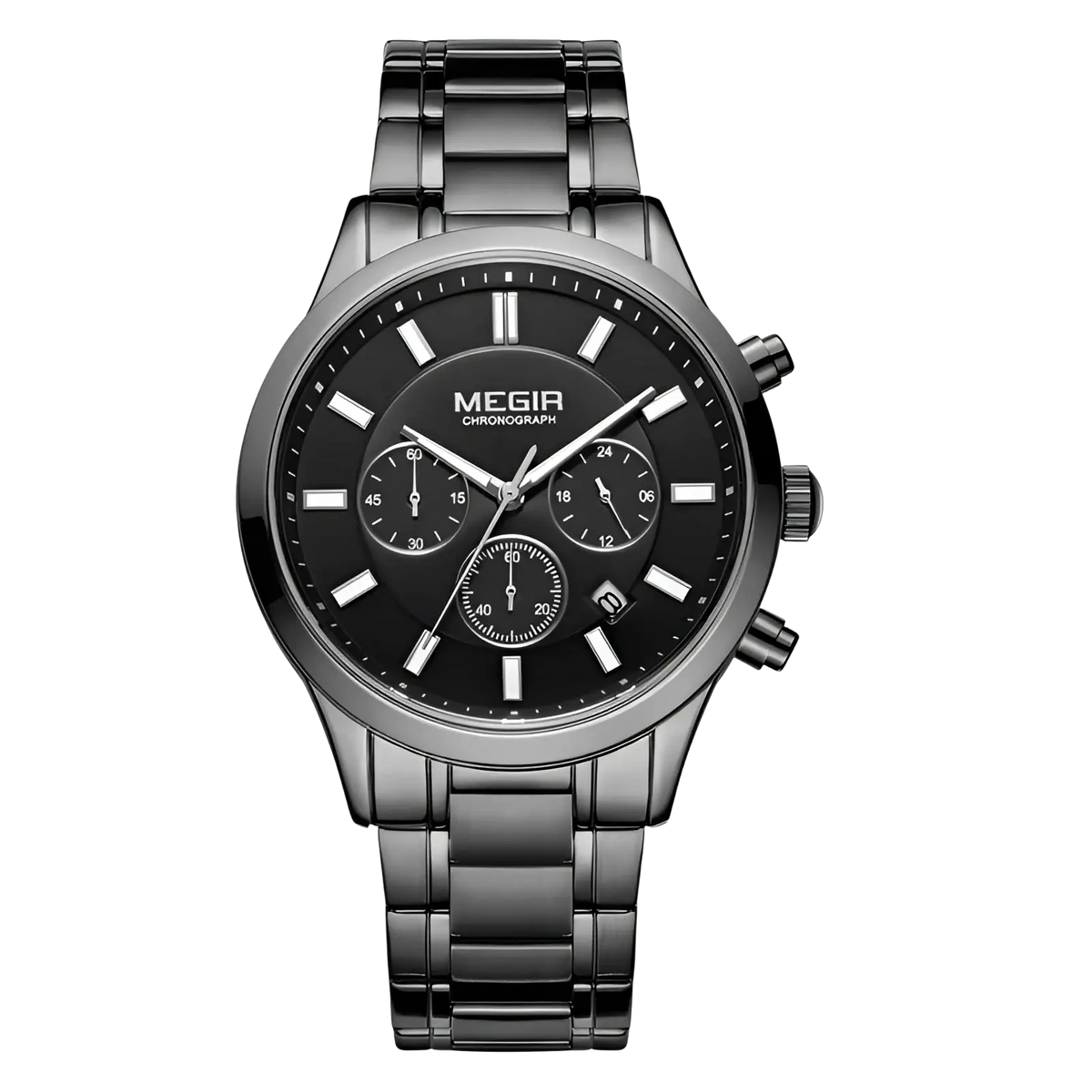 Megir men chronograph stainless steel watch in black stainless steel with polished finish and three subdials