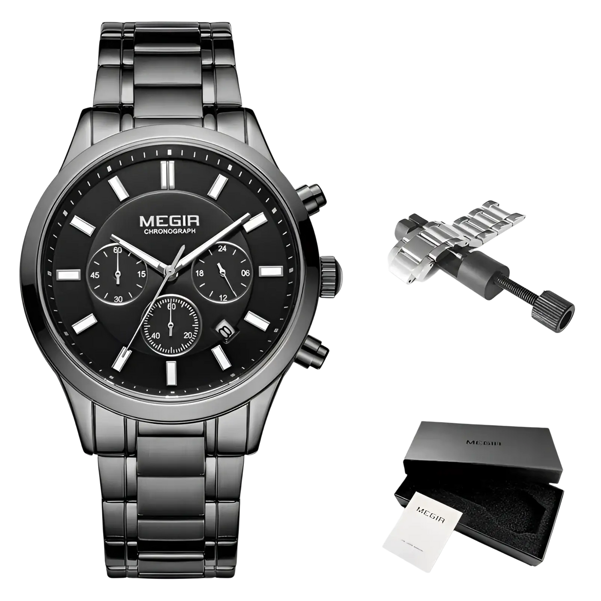 Megir men chronograph stainless steel watch in black with polished finish and three sub-dials on the face