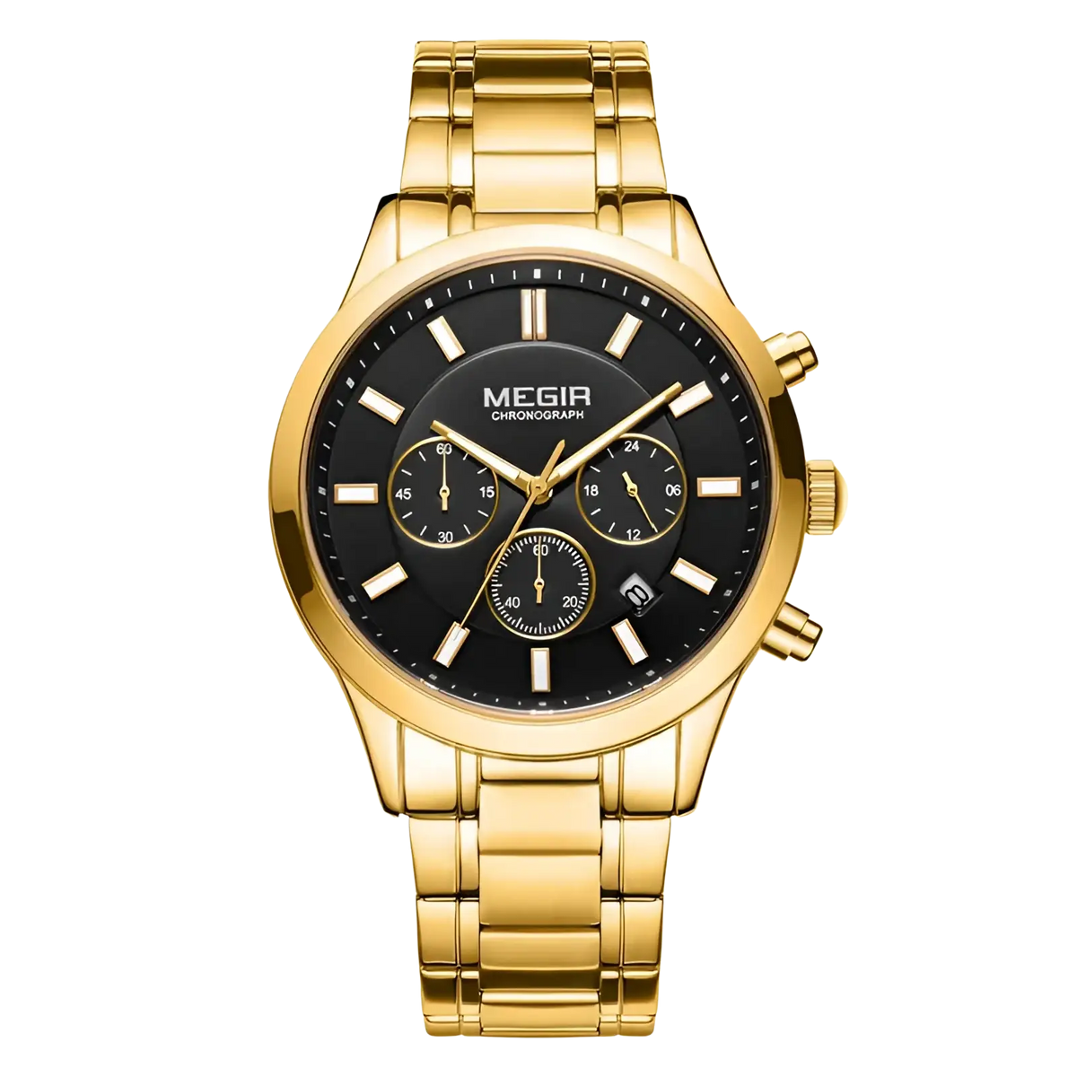 Megir men chronograph stainless steel watch in gold tone with black dial, white hour markers, and three subdials