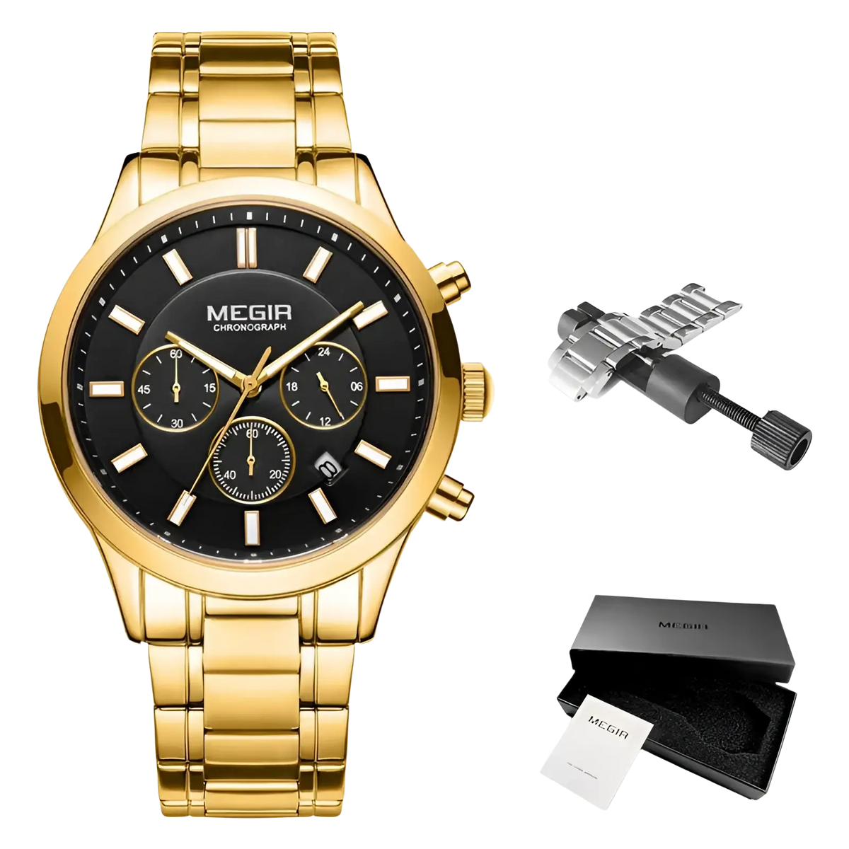 Megir men chronograph stainless steel watch with gold-tone metal case black dial and three white subdials