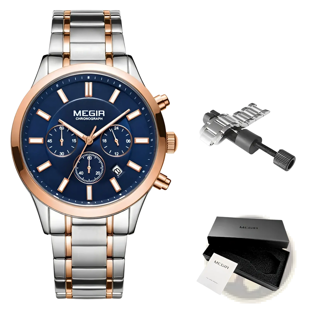Megir men chronograph stainless steel watch with sleek two-tone rose gold and blue dial with three subdials