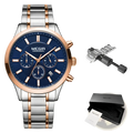 Megir men chronograph stainless steel watch with sleek two-tone rose gold and blue dial with three subdials