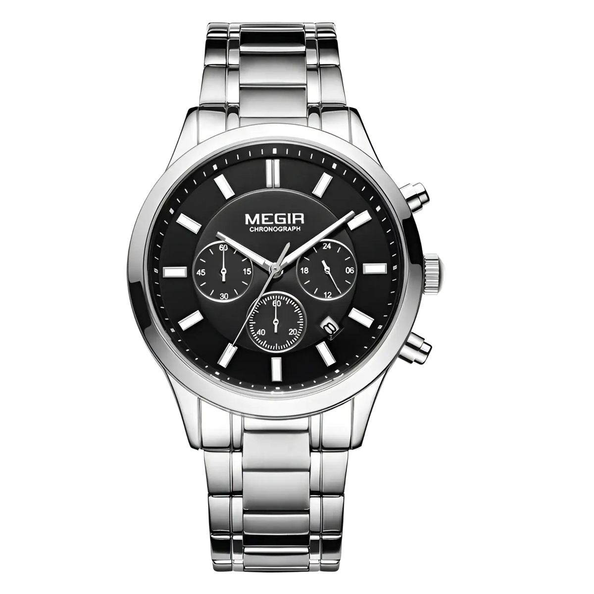 Megir men chronograph stainless steel watch with silver tone case black dial three subdials and stainless steel bracelet