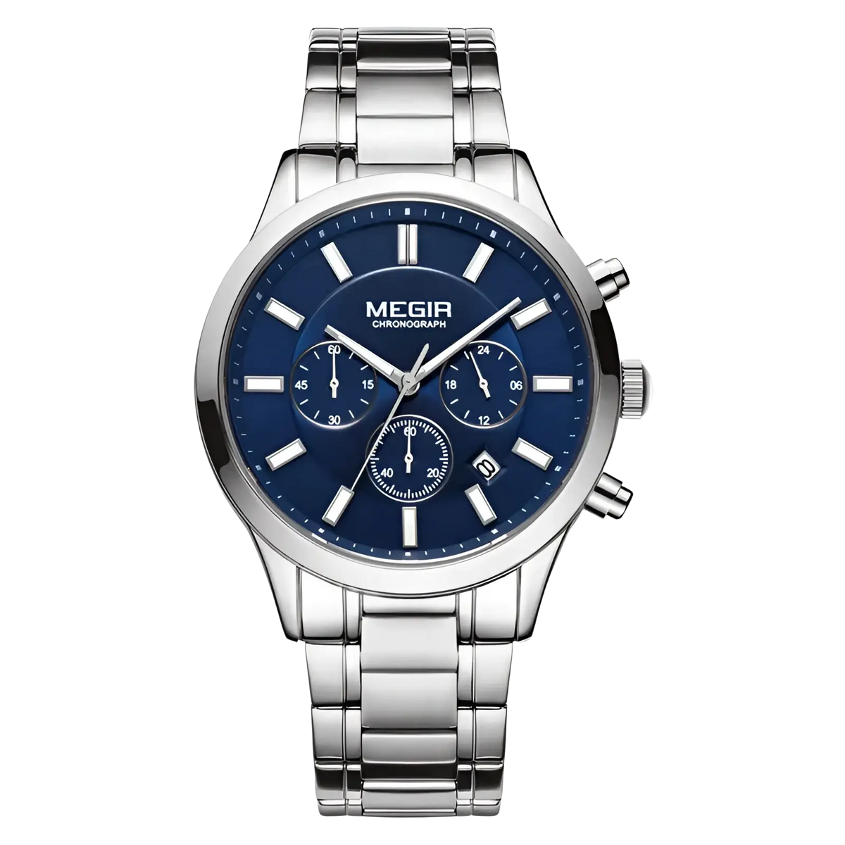 Megir men chronograph stainless steel watch with a silver-tone case and deep blue dial with white hour markers
