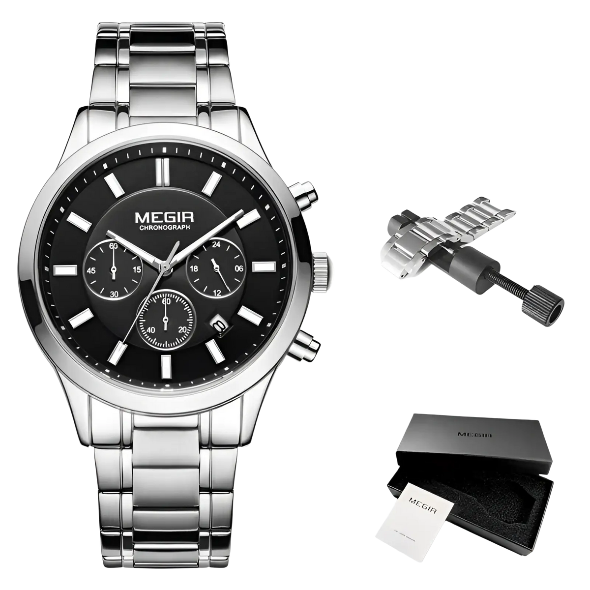 Megir men chronograph stainless steel watch with silver tone case black dial three sub dials and link bracelet