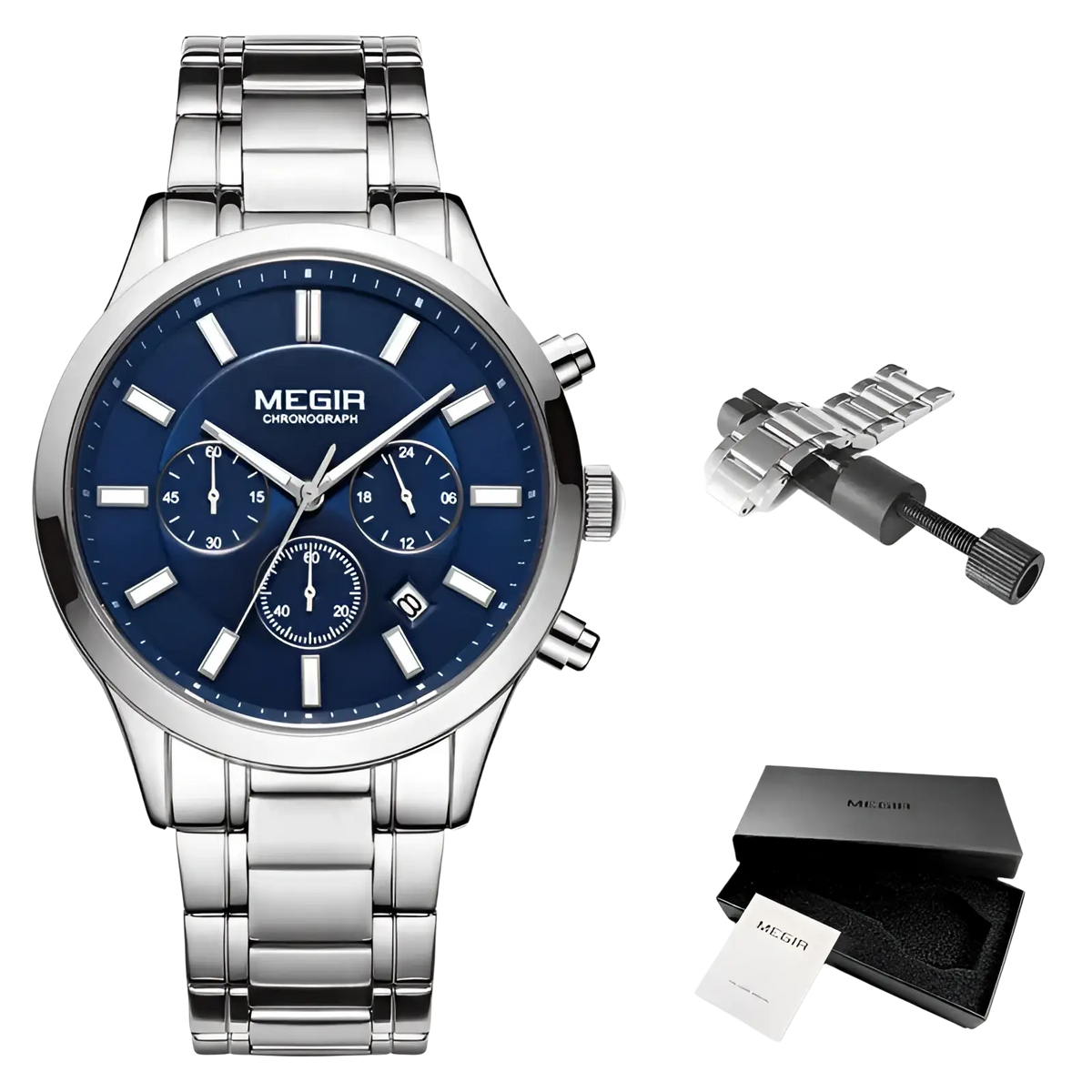 Megir men chronograph stainless steel watch with silver-toned case and deep blue dial with white hour markers