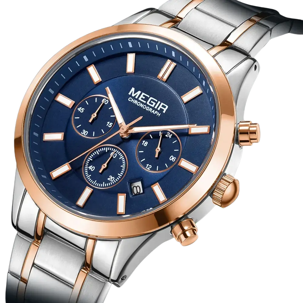 Megir men chronograph stainless steel watch with deep blue dial rose gold accents and silver-toned links and subdials
