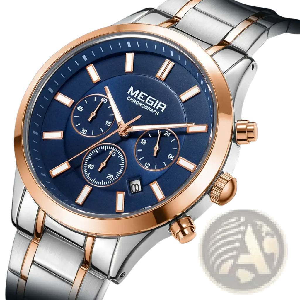 Megir men chronograph stainless steel watch with deep blue dial rose gold accents and silver-toned links and subdials