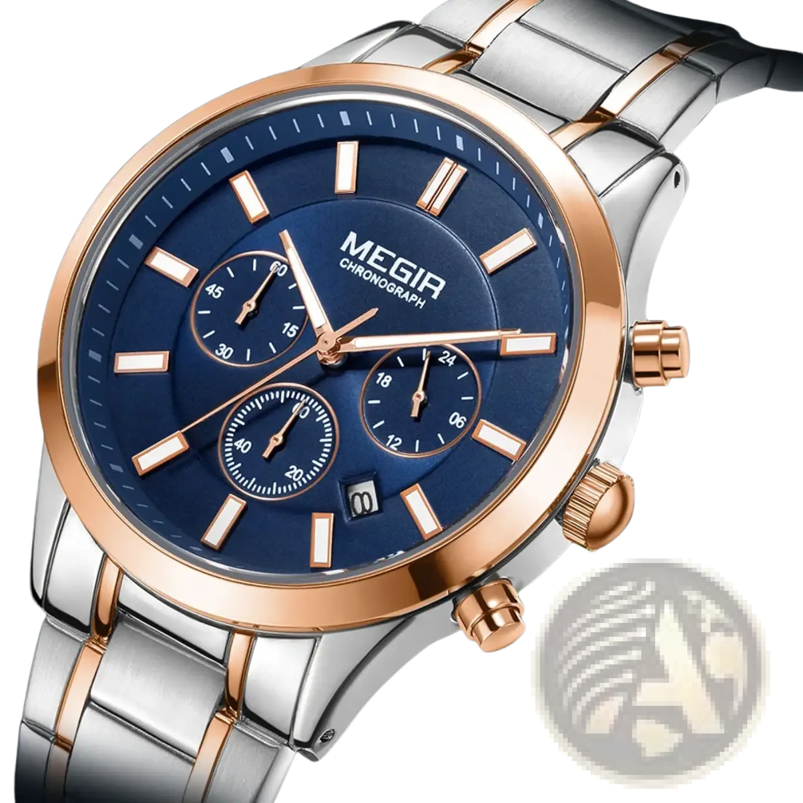 Megir men chronograph stainless steel watch with deep blue dial rose gold accents and silver-toned links and subdials