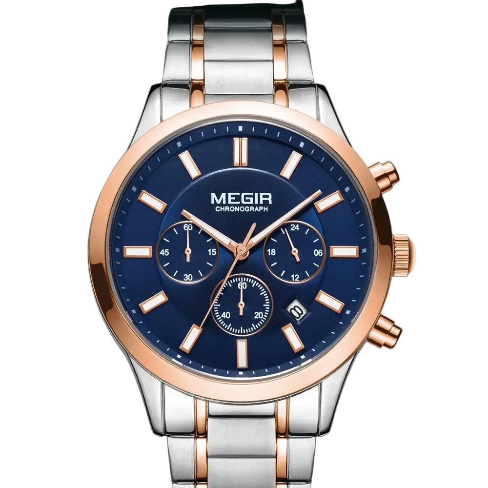 Megir men chronograph stainless steel watch with two-tone rose gold and deep blue dial featuring three subdials