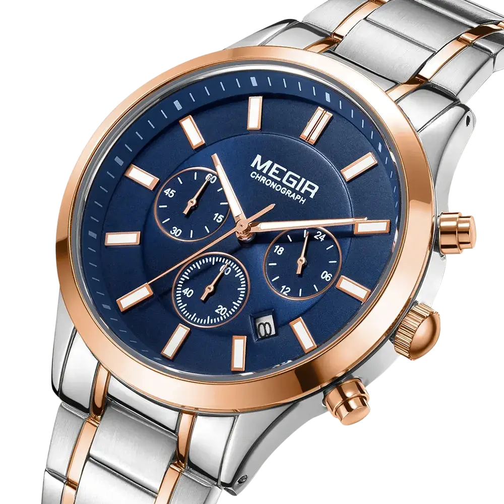 Megir men chronograph stainless steel watch with two-tone rose gold, deep blue dial, three subdials, and rectangular markers
