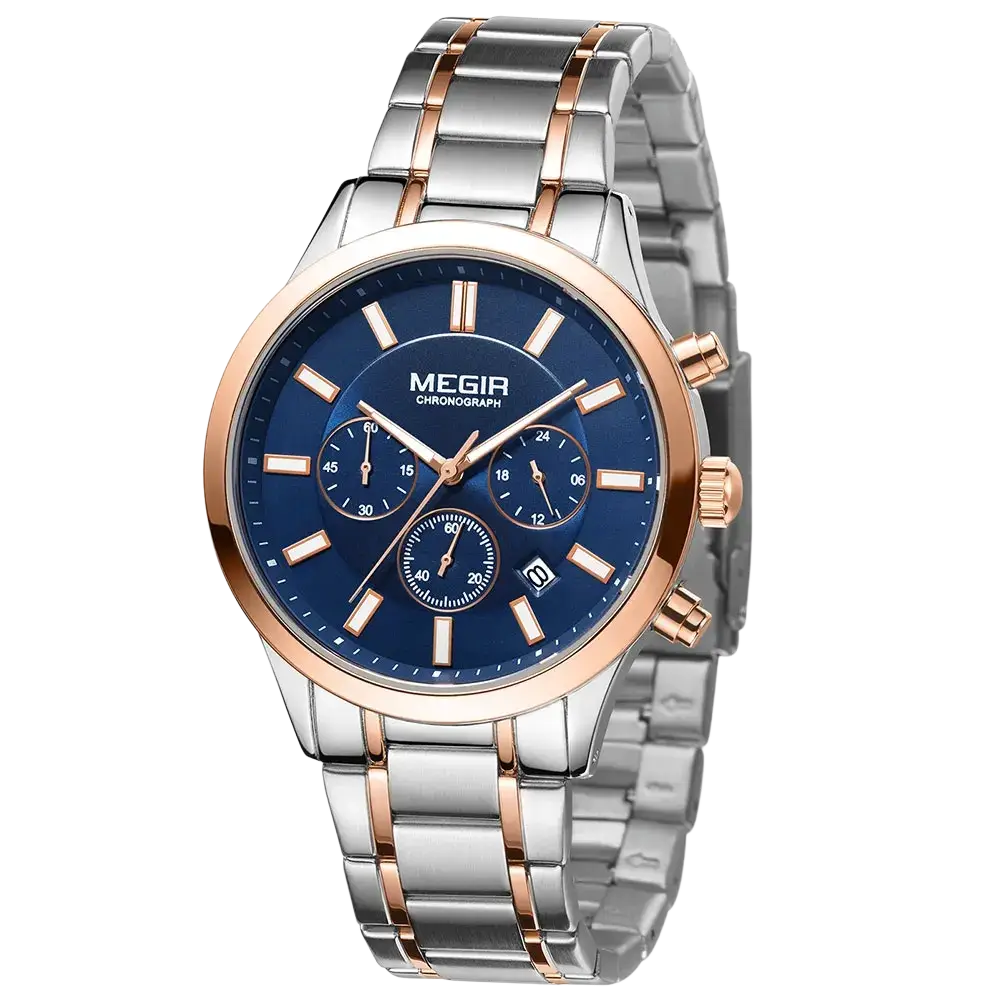 Megir men chronograph stainless steel watch with two-tone rose gold, deep blue dial, three subdials, and rectangular markers