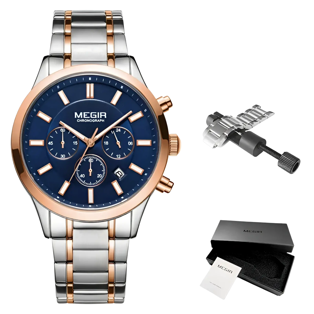 Megir men chronograph stainless steel watch with sleek two-tone rose gold and blue dial with three subdials