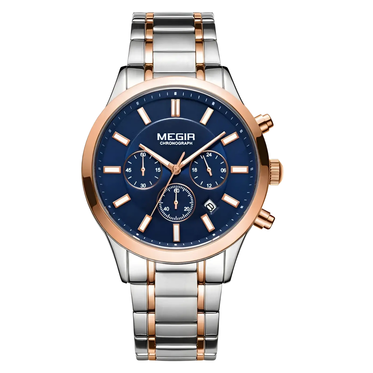 Megir men chronograph stainless steel watch with two-tone rose gold, deep blue dial, three subdials, and luminous markers