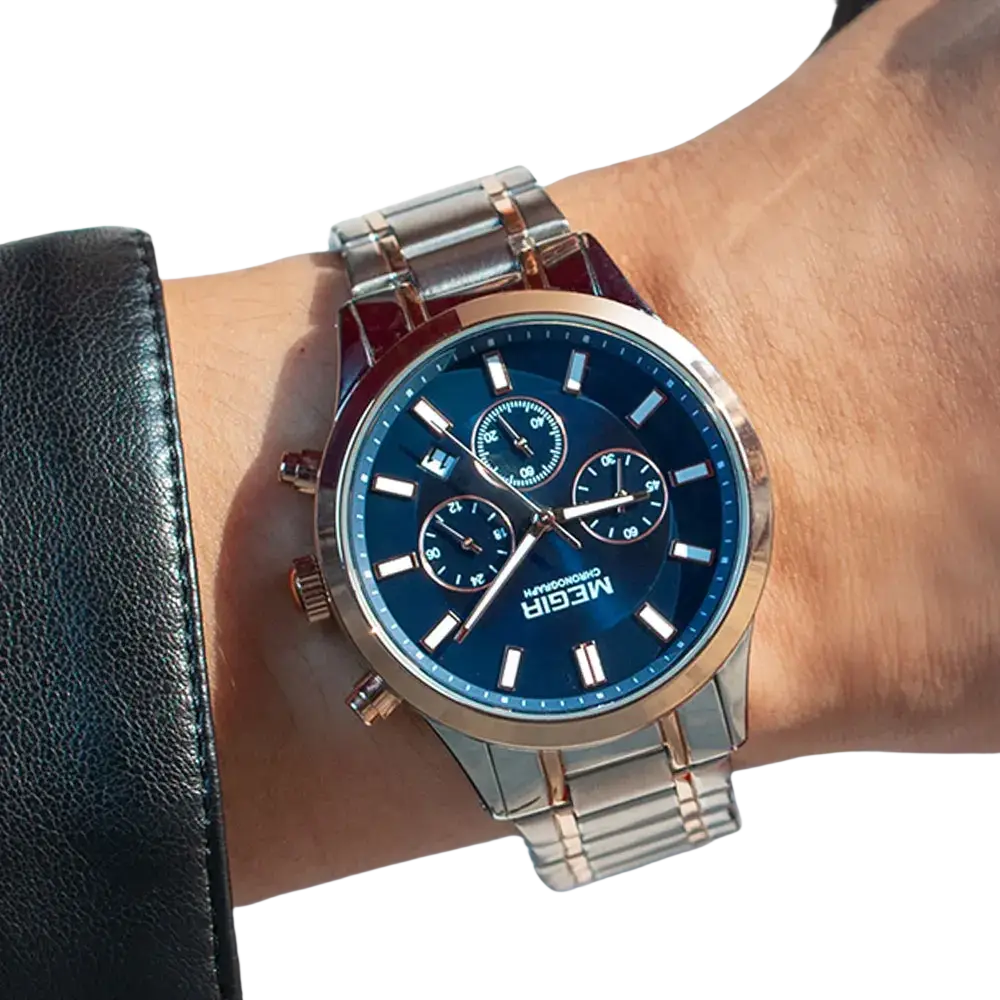 Megir men chronograph stainless steel watch with two-tone rose gold, deep blue dial, white markers, and three sub-dials